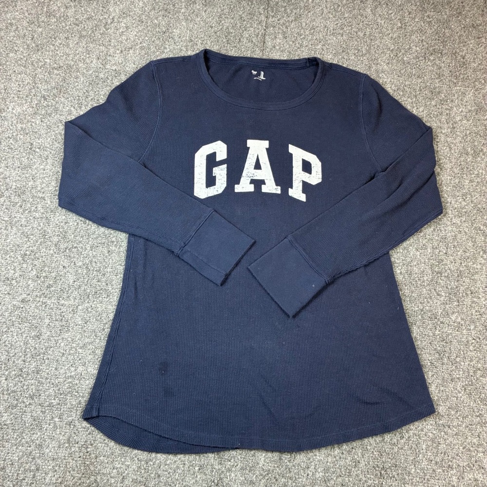 VTG Gap Womens Size XL Navy Blue Waffle Knit Thermal Long Sleeve Logo Shirt